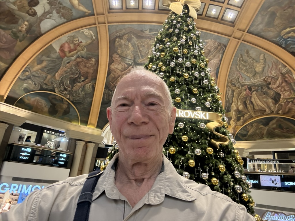A person smiling in front of a large Christmas tree decorated with gold and silver ornaments, with a painted ceiling and shopping displays in the background.