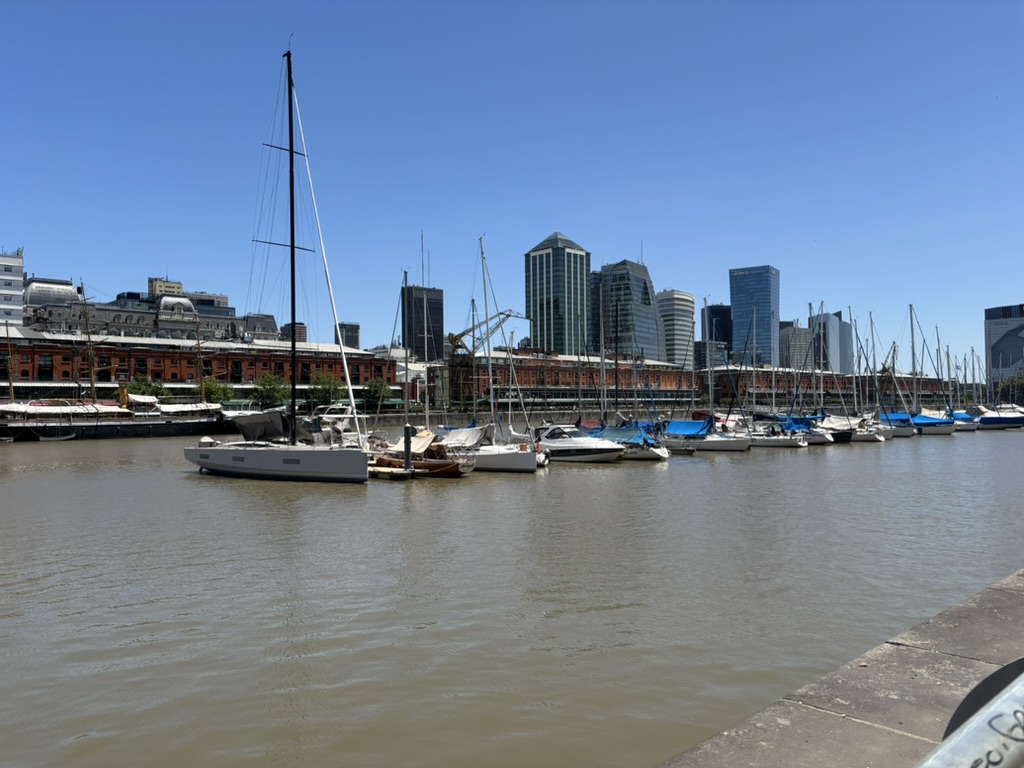 A view of a marina with various sailboats docked on a calm water body, alongside a backdrop of modern buildings and clear blue sky.