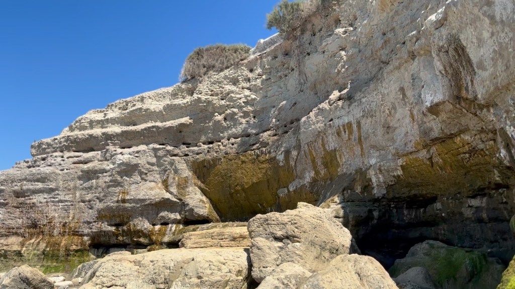 A rocky cliffside with layered stone formations and vegetation, under a clear blue sky.