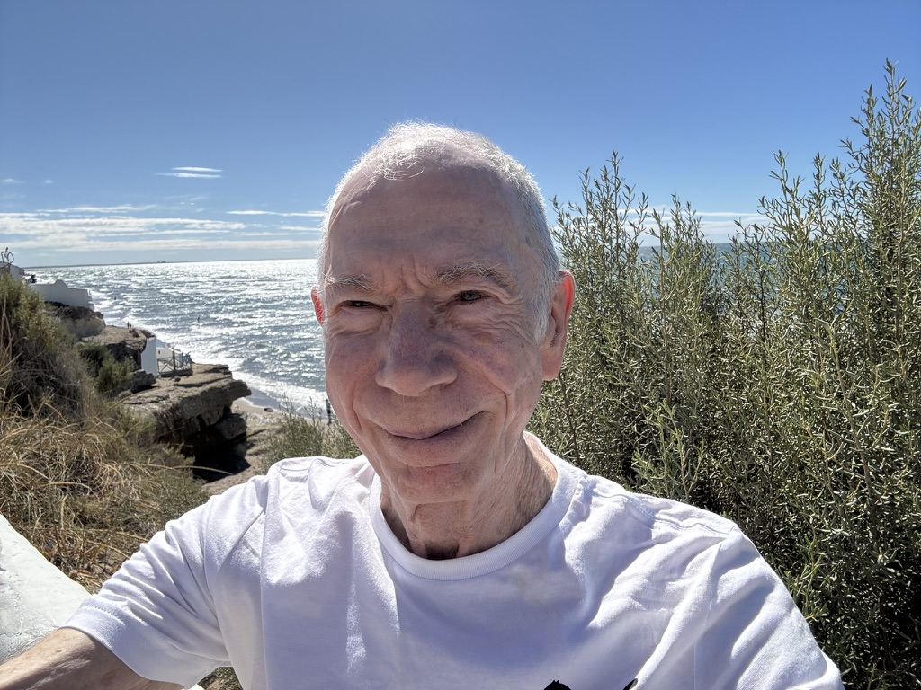 A smiling older man taking a selfie with the ocean in the background on a sunny day. Green plants and coastal rocks are visible beside him.