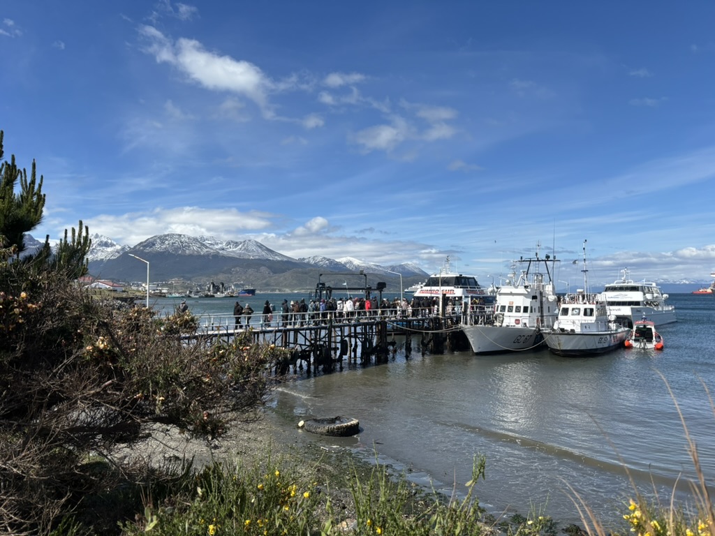 A scenic view of a wooden pier with boats docked along the shore, surrounded by lush greenery and snow-capped mountains under a blue sky with scattered clouds.